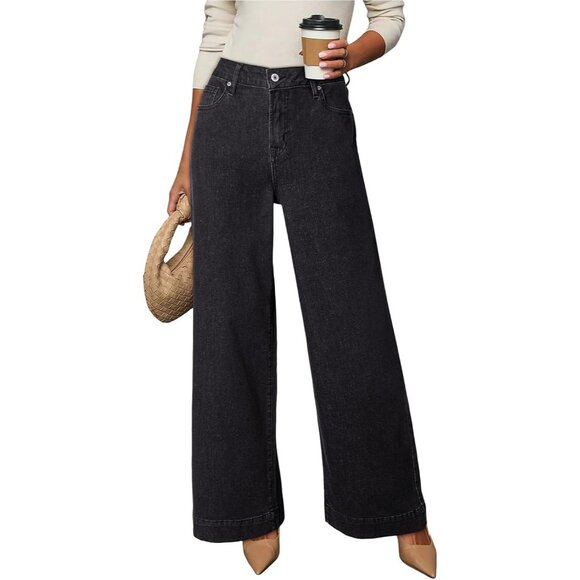 Denim - Women's Black High Waisted Wide Leg Denim Jeans Stretchy Loose Pants with Pocket